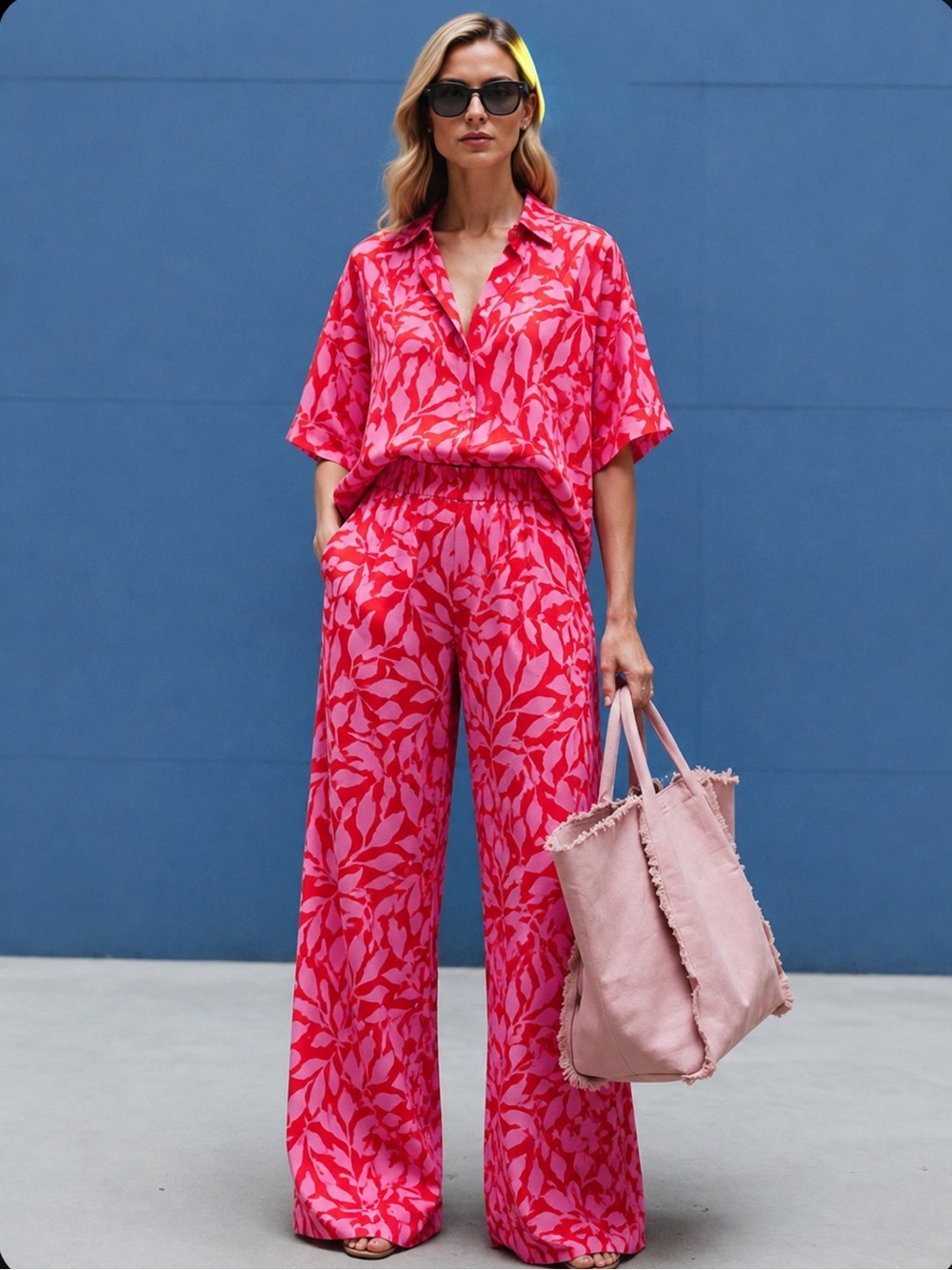 A New Day Pink & Red Tropical Leaf Print Two-Piece Set- XXL